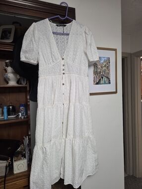 Zara White Eyelet Tiered Midi Dress
